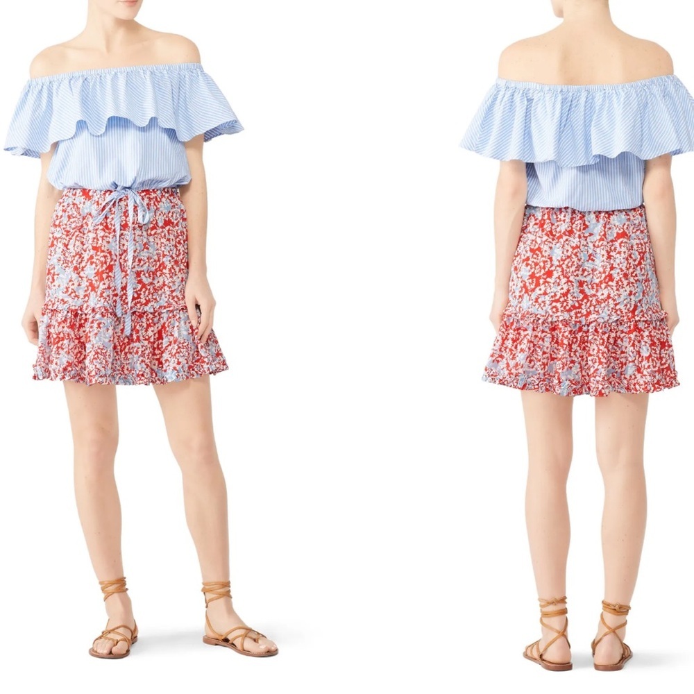 RTR Paloma Blue Alexa 100% Silk Red, White & Blue‎ Floral Tiered Mini Skirt Sz S